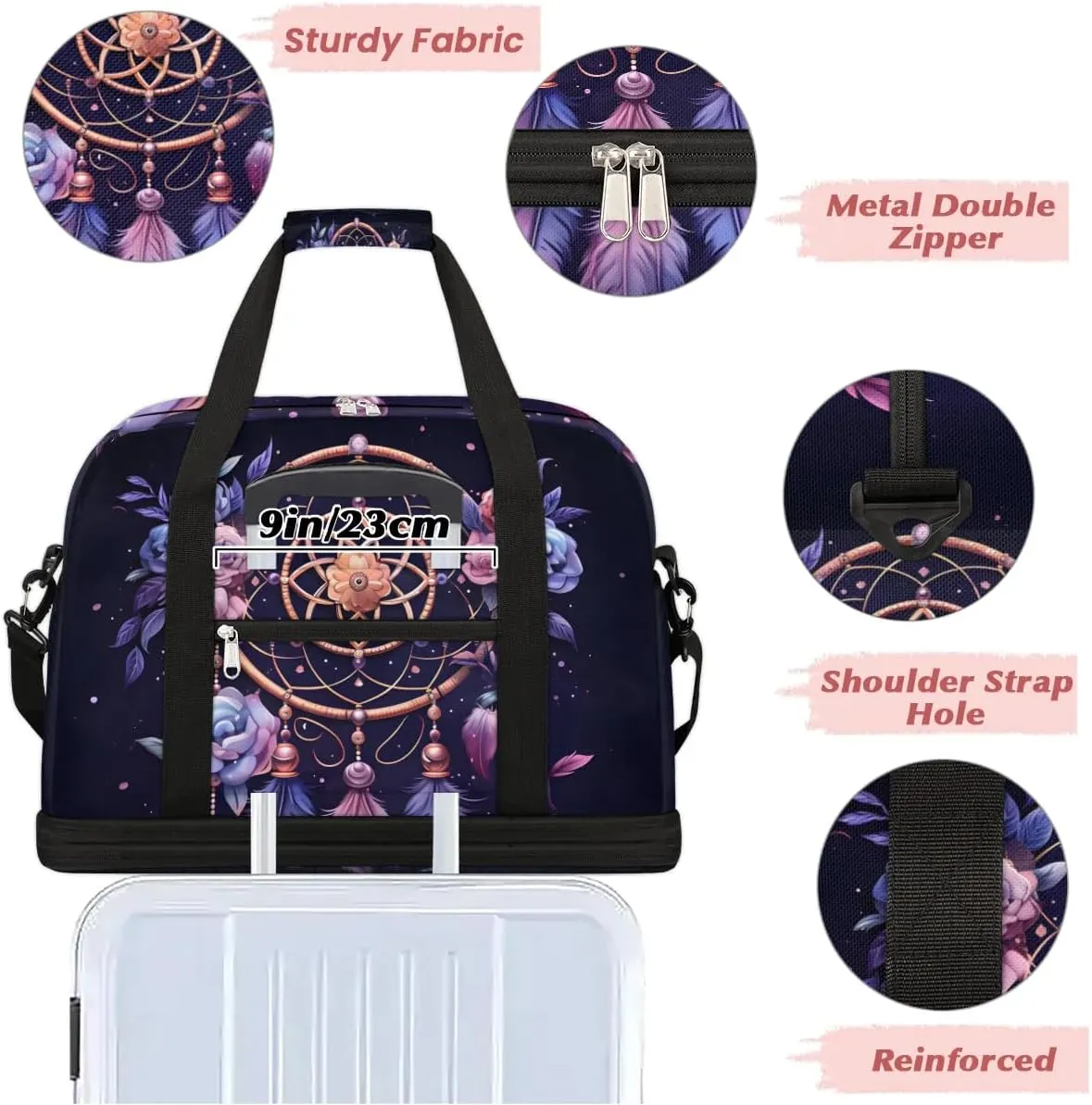 Dream Catcher Boho Pattern Travel Duffle Bag, Collapsible Travel Bag Sports Gym Bag With Shoes Compartment Weekender Bag Overnight Bag For Women Men