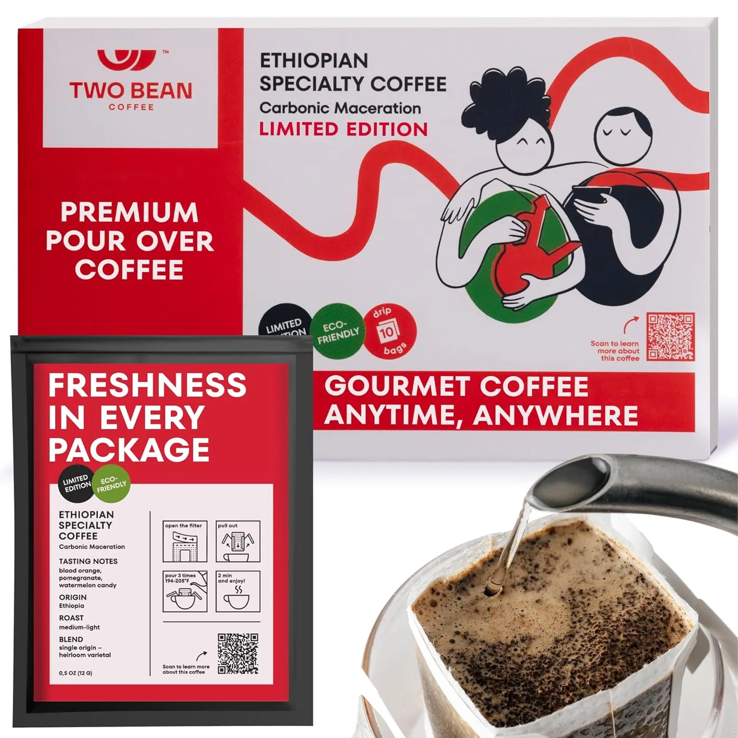 Drip Coffee 10-Pack - Superior 100% Ethiopia Fresh Roast - Single Serve Pour Over Filter Bags - Japanese Instant Pocket Coffee for Backpacking, Travel, and Camp