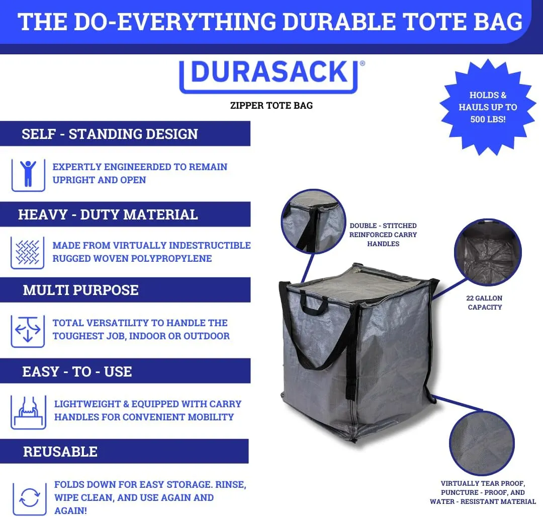 DURASACK Heavy Duty Storage Tote Bag with Zipper Top 22-Gallon Rugged Woven Polypropylene Moving Bag, Reusable Self-Standing Design, Holds up to 500 Pounds, Pack of 4, Gray