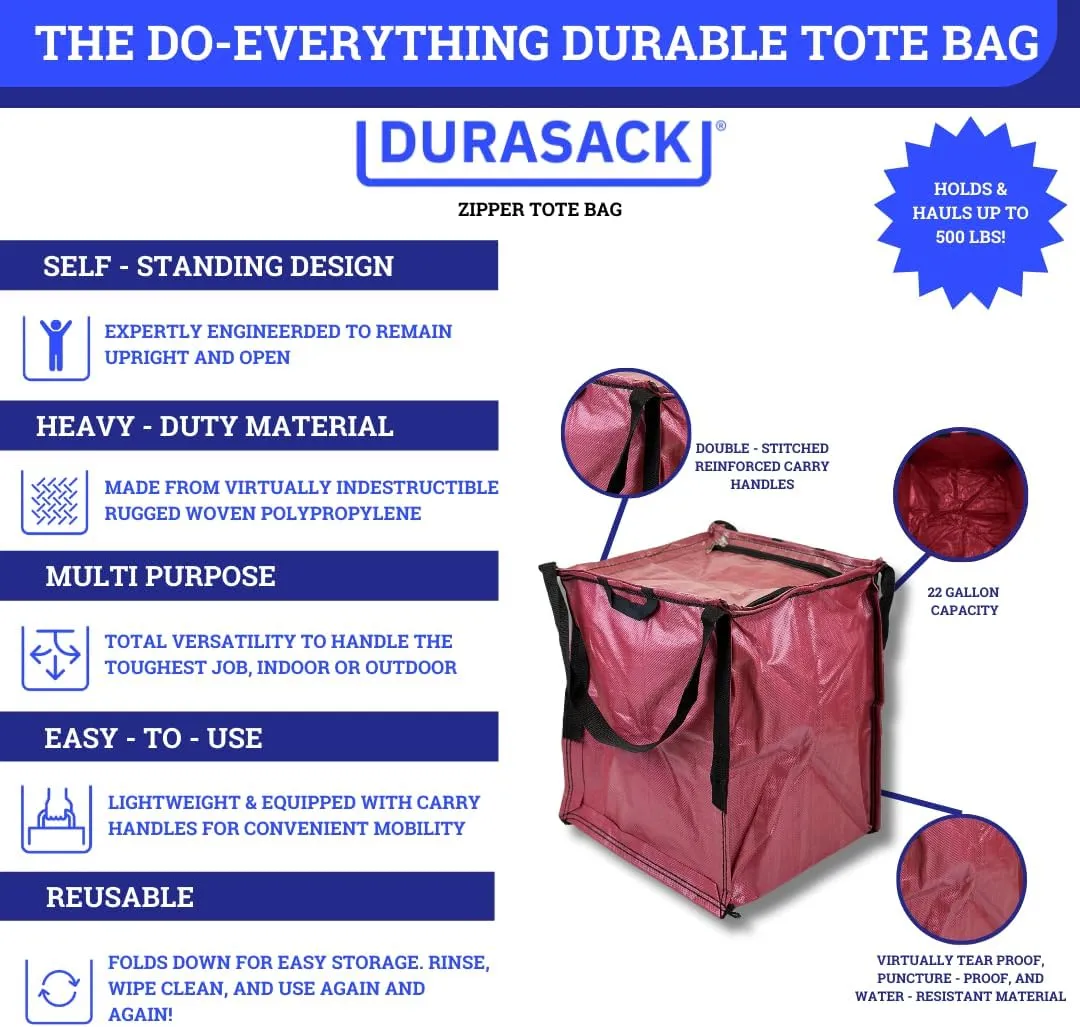 DURASACK Heavy Duty Storage Tote Bag with Zipper Top 22-Gallon Rugged Woven Polypropylene Moving Bag, Reusable Self-Standing Design, Holds up to 500 Pounds, Single, Red