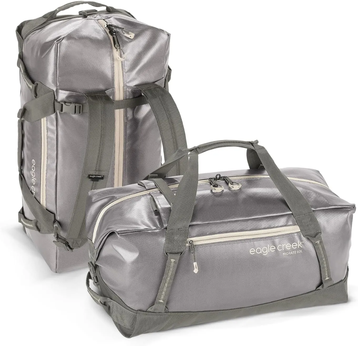 Eagle Creek Migrate 60L Travel Backpack Duffle Bag with Tuck-Away Backpack Straps, Full-Access Wide Mouth Opening & Seamless Bottom Bathtub Construction, River Rock