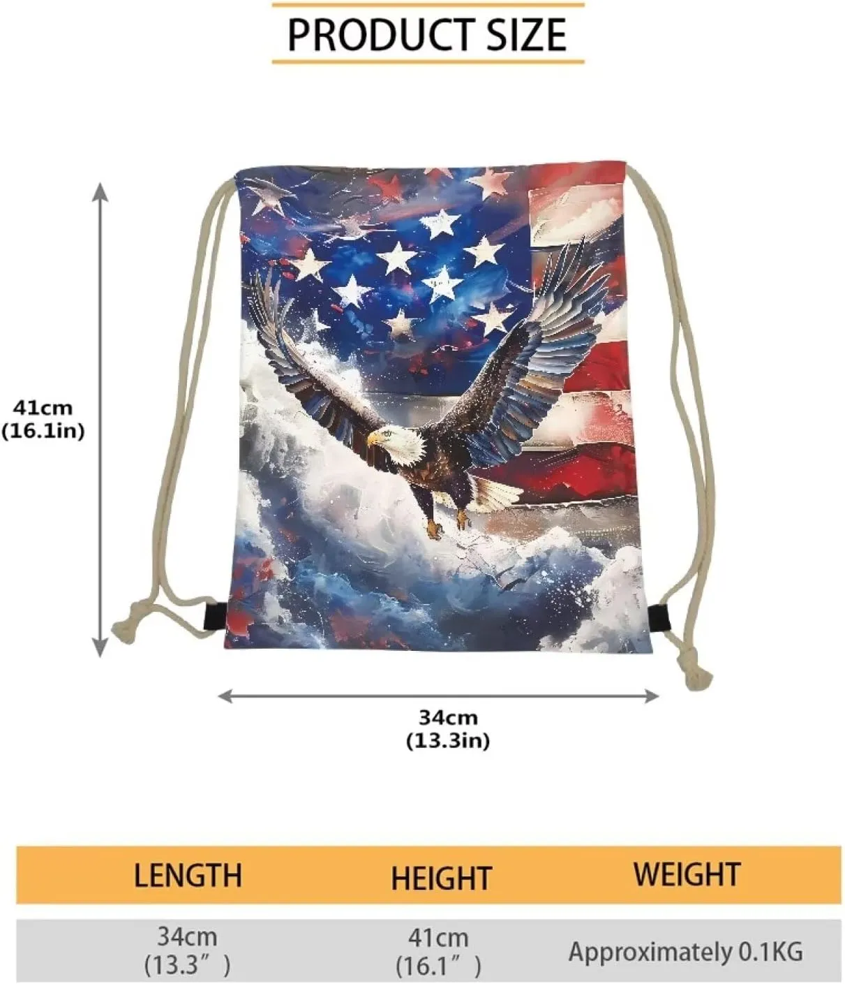 Eagle Drawstring Backpack for Kids Men Blue American Flag Drawstring Gym Bag Lightweight Beach String Bag