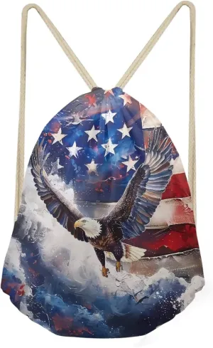 Eagle Drawstring Backpack for Kids Men Blue American Flag Drawstring Gym Bag Lightweight Beach String Bag
