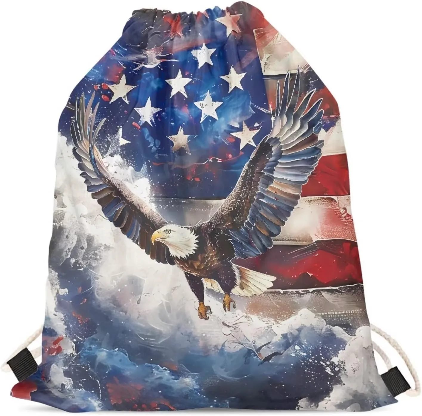 Eagle Drawstring Backpack for Kids Men Blue American Flag Drawstring Gym Bag Lightweight Beach String Bag