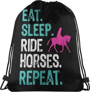 Eat Sleep Ride Horses Repeat Unisex Drawstring Backpack Bag Sport Gym Swim Travel Sackpack