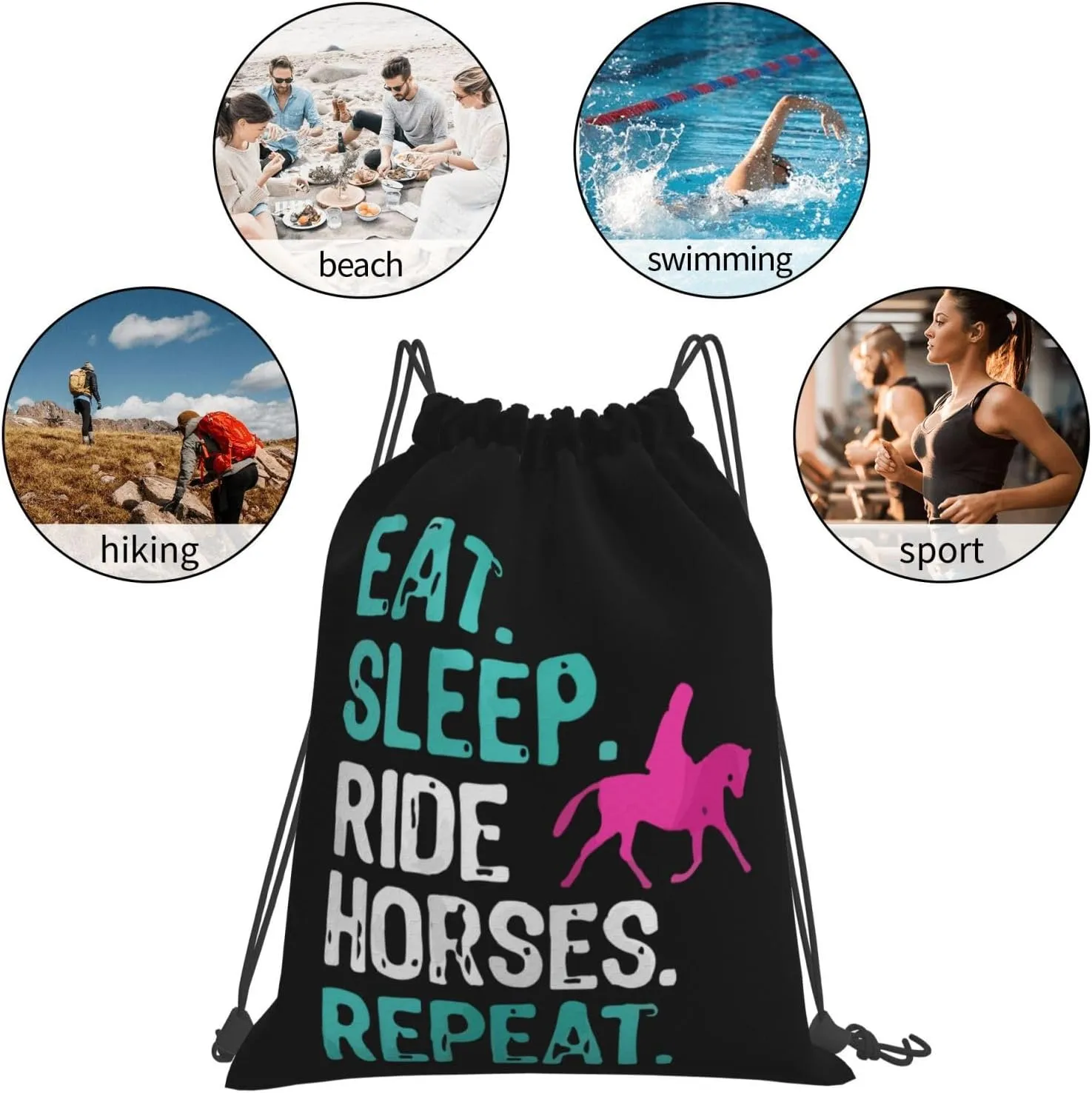Eat Sleep Ride Horses Repeat Unisex Drawstring Backpack Bag Sport Gym Swim Travel Sackpack