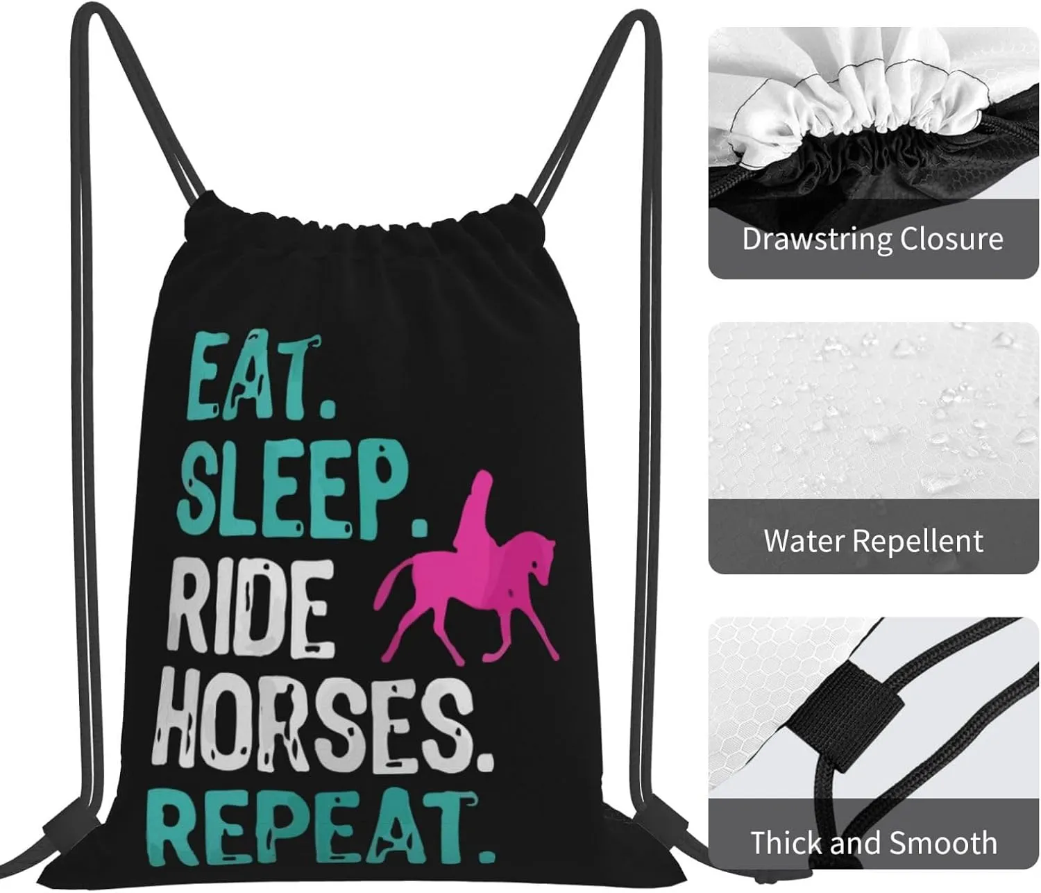 Eat Sleep Ride Horses Repeat Unisex Drawstring Backpack Bag Sport Gym Swim Travel Sackpack