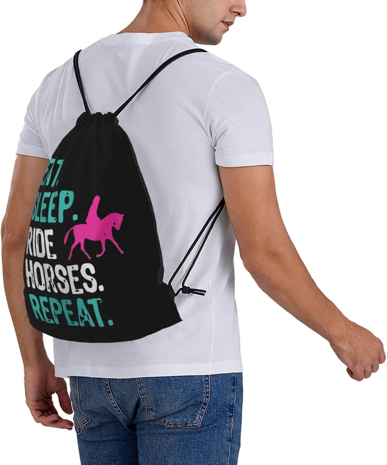 Eat Sleep Ride Horses Repeat Unisex Drawstring Backpack Bag Sport Gym Swim Travel Sackpack