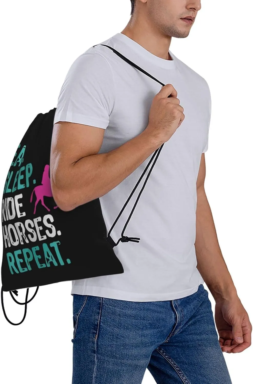 Eat Sleep Ride Horses Repeat Unisex Drawstring Backpack Bag Sport Gym Swim Travel Sackpack