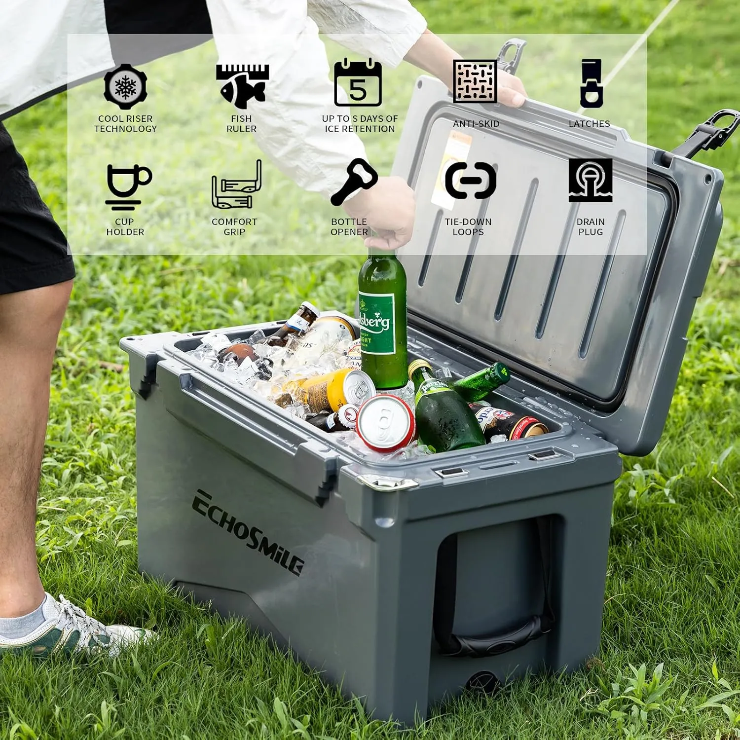 EchoSmile 25/30/35/40/60/75 Quart Rotomolded Cooler, Built to Stand up to The Rigors of The Journey