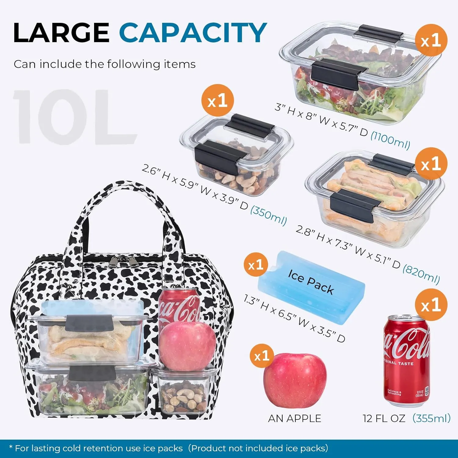 ECHSRT Large Insulated Lunch Bag for Women Men Leakproof Cooler Lunch Tote Bags for Work Travel Adult Thermal Lunchbox for Office -10L Cow Print