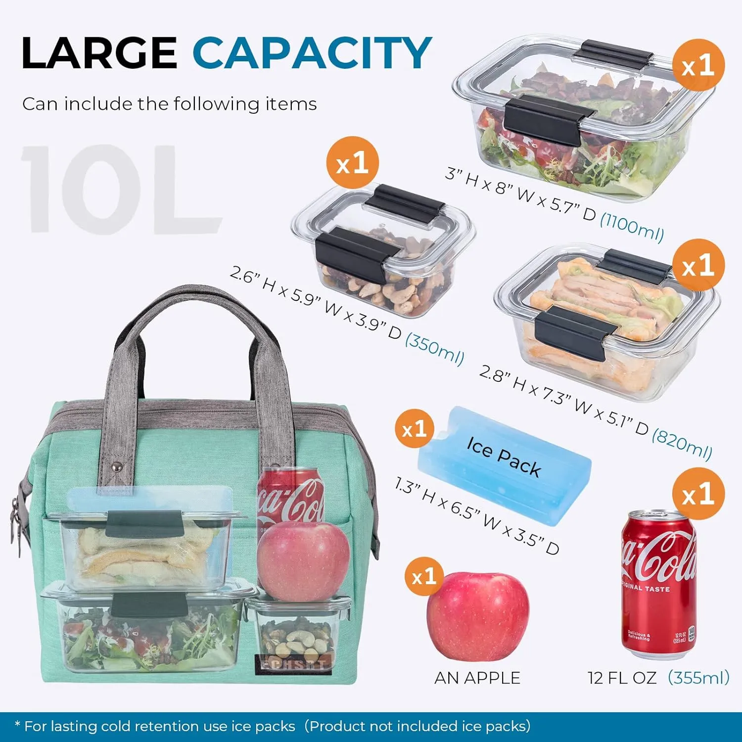 ECHSRT Large Insulated Lunch Bag for Women Men Leakproof Cooler Lunch Tote Bags for Work Travel Adult Thermal Lunchbox for Office -10L Mint Green