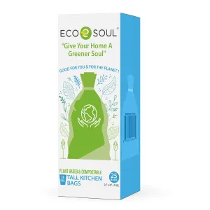 ECO SOUL 100% Compostable Trash Bags | Biodegradable Eco-friendly Bio Bags for Garbage Bins | Heavy Duty & Leak-Resistant | Home, Office & Kitchen Use | 13 Gallon | Set of 25