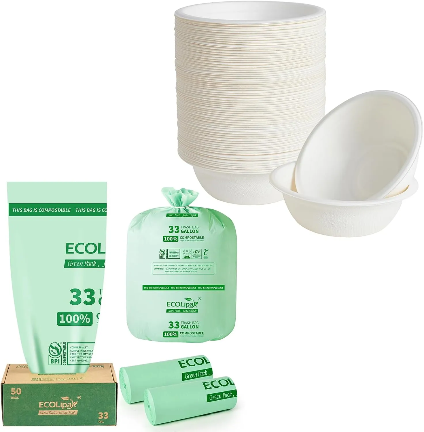 ECOLipak 150 Pack 12 oz Disposable Compostable Paper Bowls and 50 Count (2 Rolls) 33 Gallon Compostable Trash Bags