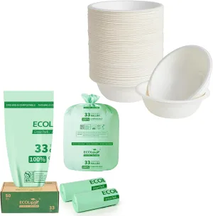 ECOLipak 150 Pack 12 oz Disposable Compostable Paper Bowls and 50 Count (2 Rolls) 33 Gallon Compostable Trash Bags