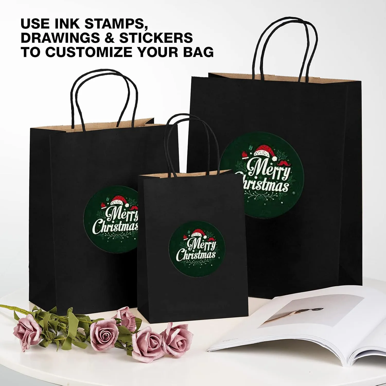 ECOptimize Kraft Paper Bags with Handles, 30 PCS Black 5.9" x 3" x 8" - Eco-Friendly, Food Safe & Recyclable Gift Bags from 100% Wood Pulp - High Tear Resistance & Load Capacity for Retail, Shopping