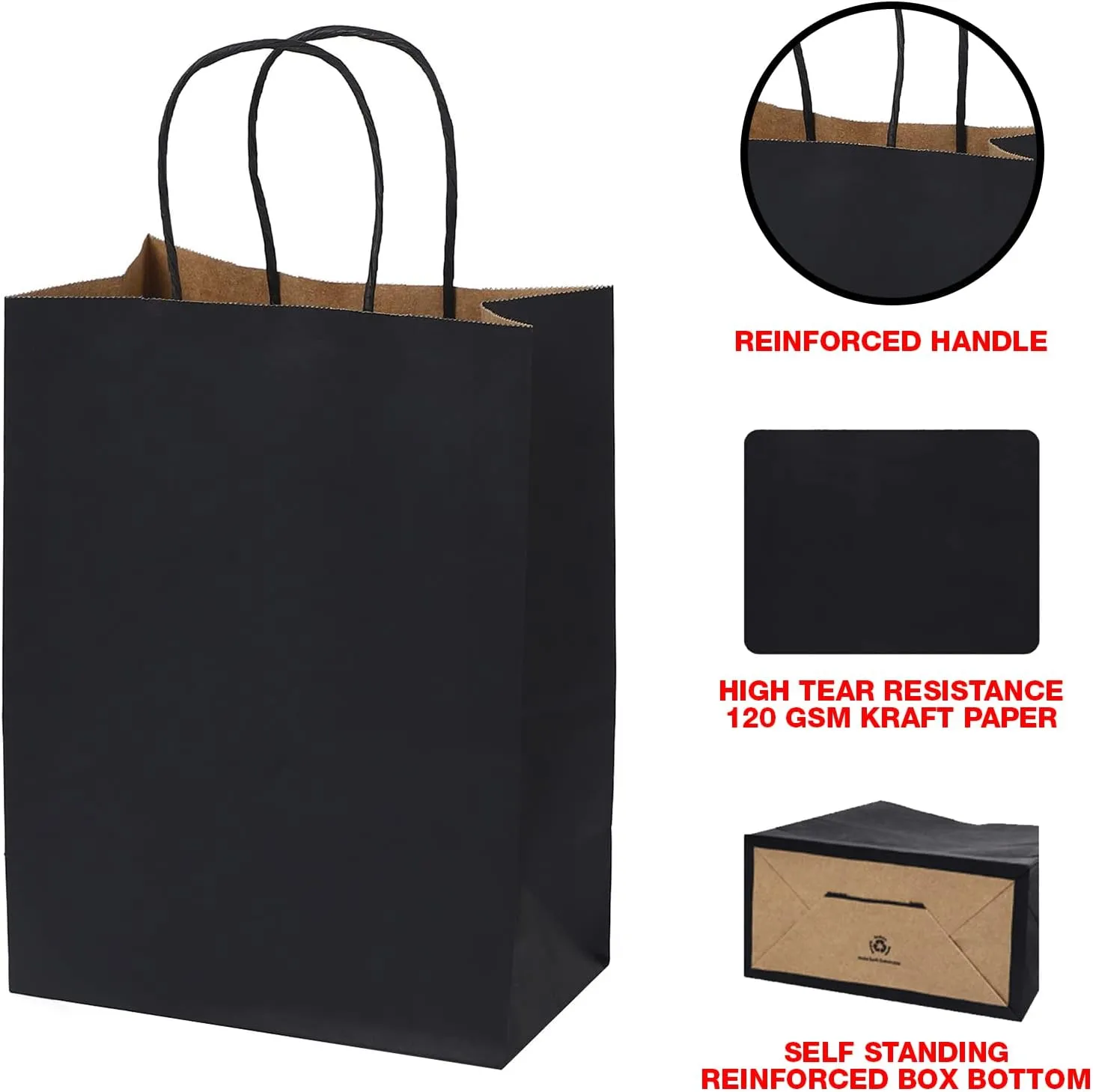 ECOptimize Kraft Paper Bags with Handles, 30 PCS Black 5.9" x 3" x 8" - Eco-Friendly, Food Safe & Recyclable Gift Bags from 100% Wood Pulp - High Tear Resistance & Load Capacity for Retail, Shopping