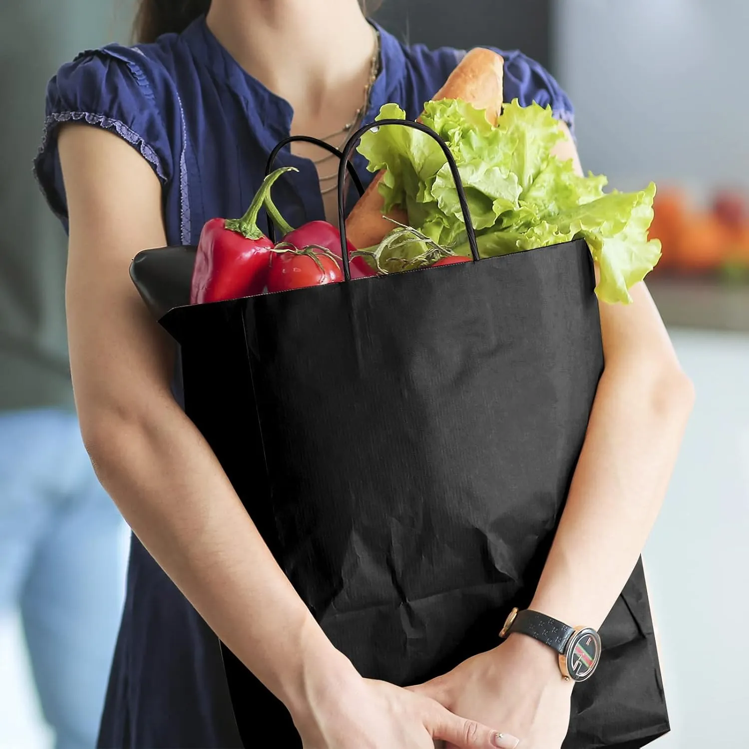 ECOptimize Kraft Paper Bags with Handles, 30 PCS Black 5.9" x 3" x 8" - Eco-Friendly, Food Safe & Recyclable Gift Bags from 100% Wood Pulp - High Tear Resistance & Load Capacity for Retail, Shopping