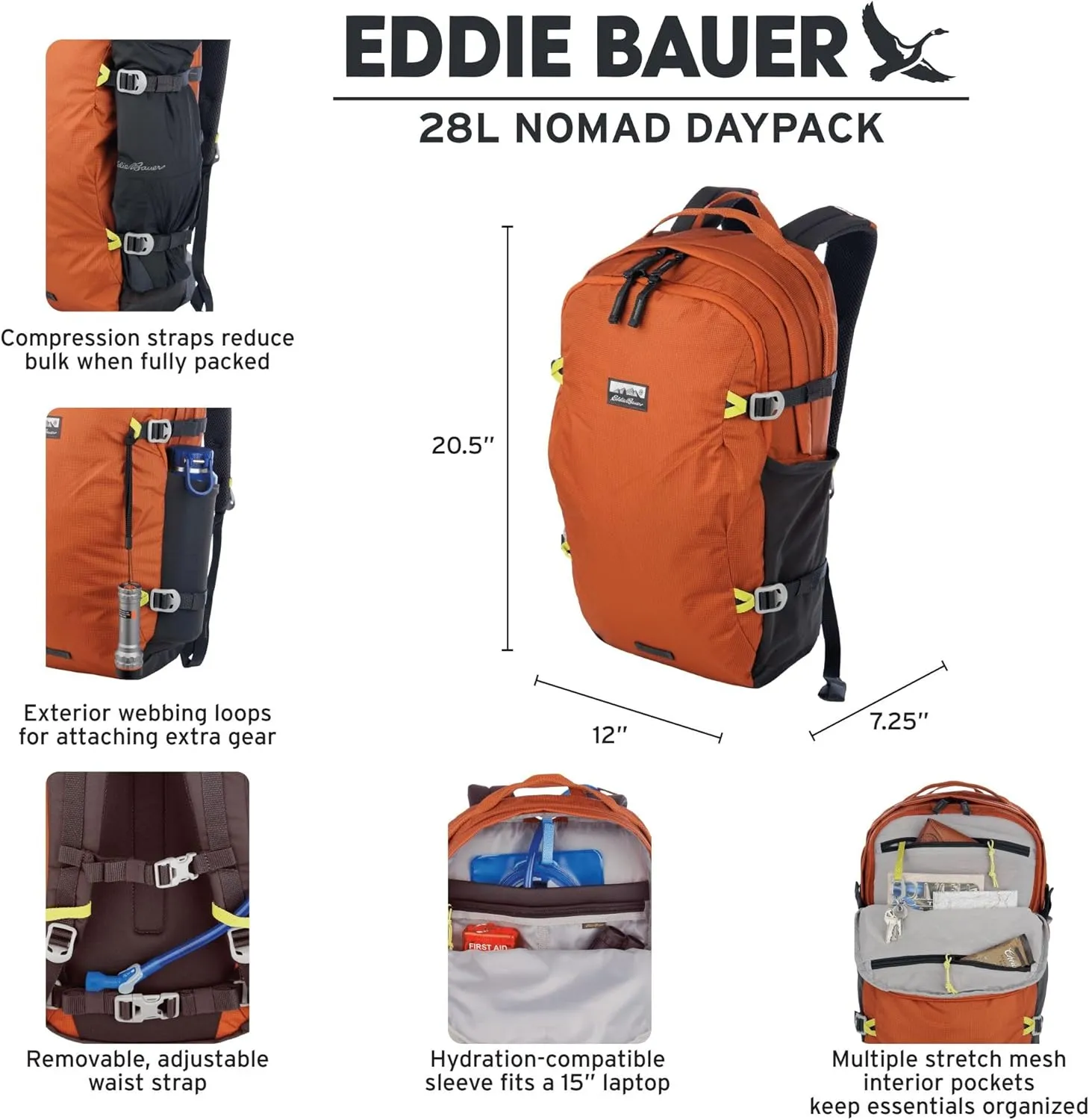 Eddie Bauer Nomad Backpack| Daypack | Laptop| Travel | Hiking | Gym | Work | Commuting | Carbon| 28L
