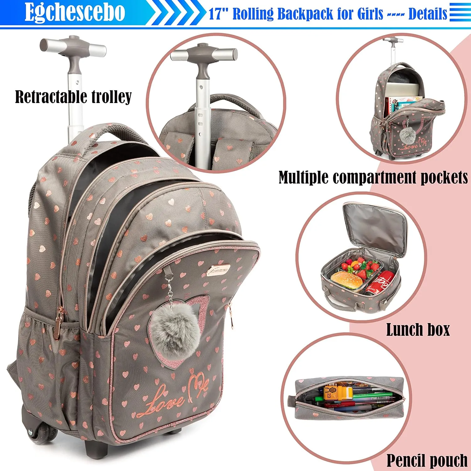 Egchescebo School Bags Kids Rolling Backpack for Girls Kids Luggage Suitcase With Wheels