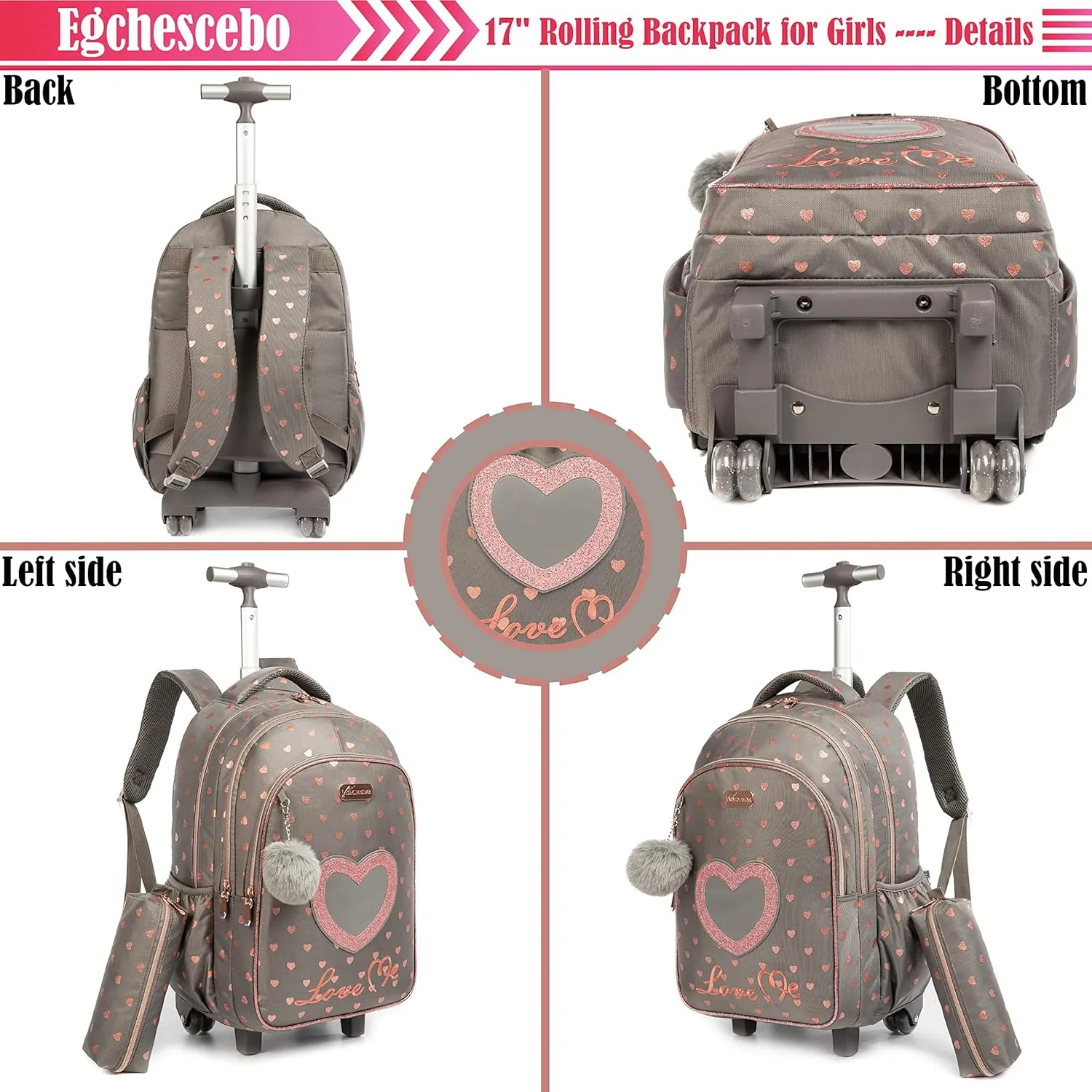 Egchescebo School Bags Kids Rolling Backpack for Girls Kids Luggage Suitcase With Wheels