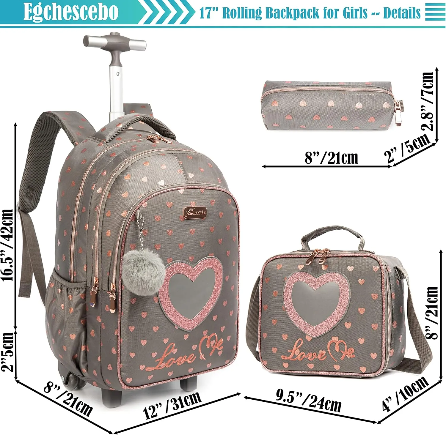 Egchescebo School Bags Kids Rolling Backpack for Girls Kids Luggage Suitcase With Wheels
