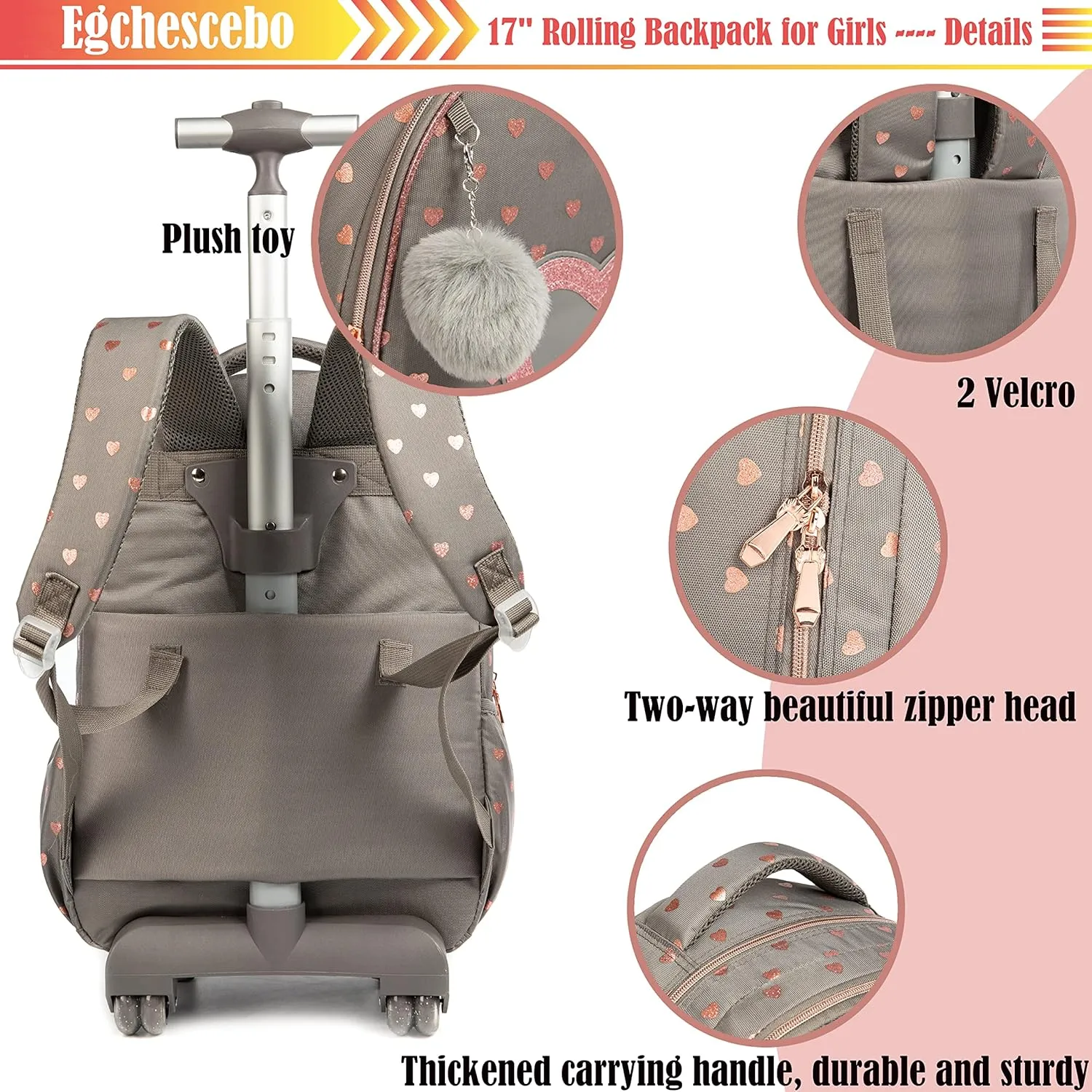 Egchescebo School Bags Kids Rolling Backpack for Girls Kids Luggage Suitcase With Wheels