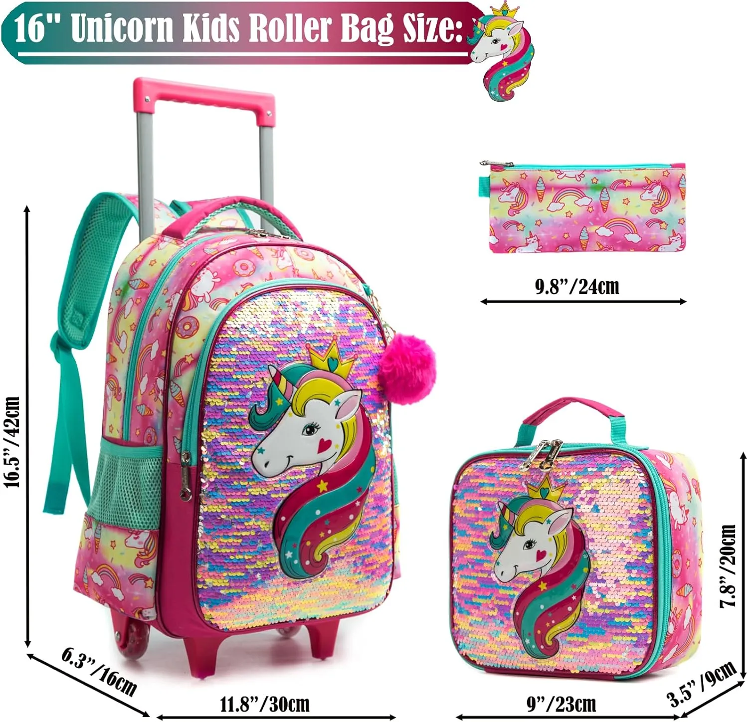 Egchescebo School Bags Kids Rolling Unicorn Backpack for Girls Luggage Suitcase With Wheels Trolley Wheeled Backpacks Travel Bags 3PCS Girls Cat Backpack With Lunch for kids Green
