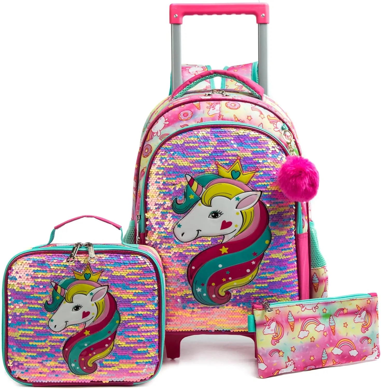 Egchescebo School Bags Kids Rolling Unicorn Backpack for Girls Luggage Suitcase With Wheels Trolley Wheeled Backpacks Travel Bags 3PCS Girls Cat Backpack With Lunch for kids Green