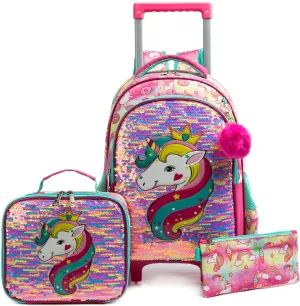 Egchescebo School Bags Kids Rolling Unicorn Backpack for Girls Luggage Suitcase With Wheels Trolley Wheeled Backpacks Travel Bags 3PCS Girls Cat Backpack With Lunch for kids Green