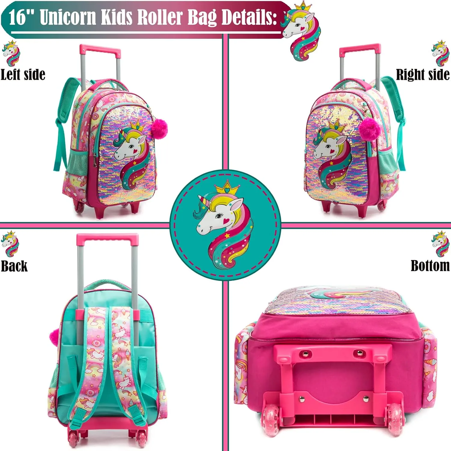 Egchescebo School Bags Kids Rolling Unicorn Backpack for Girls Luggage Suitcase With Wheels Trolley Wheeled Backpacks Travel Bags 3PCS Girls Cat Backpack With Lunch for kids Green