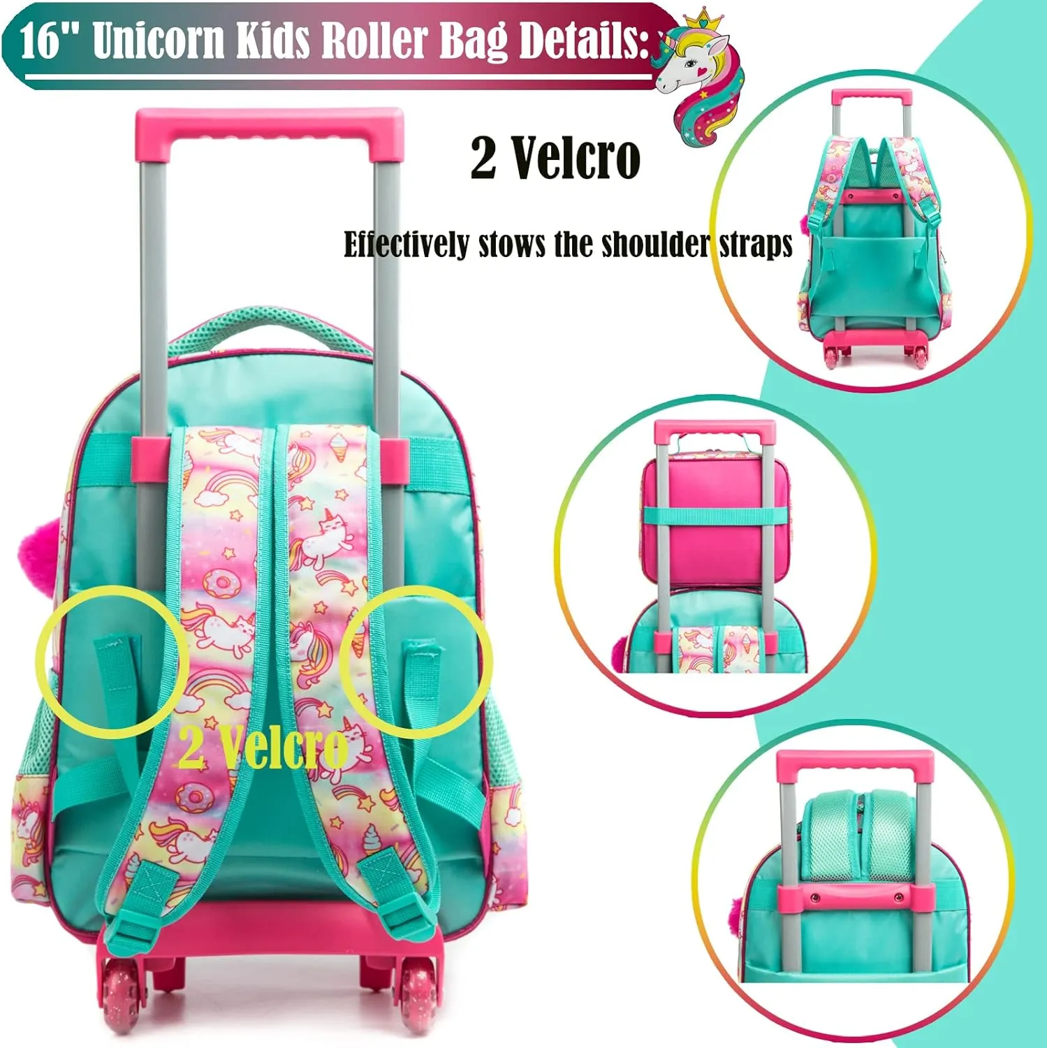 Egchescebo School Bags Kids Rolling Unicorn Backpack for Girls Luggage Suitcase With Wheels Trolley Wheeled Backpacks Travel Bags 3PCS Girls Cat Backpack With Lunch for kids Green