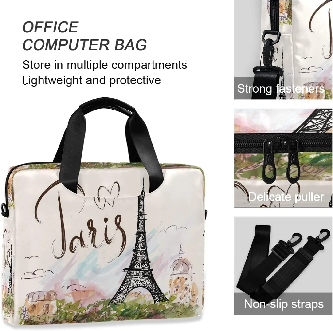 Eiffel Tower Paris Laptop Messenger Bag Case Sleeve Crossbody Briefcase for Men Women with Shoulder Strap Handle 13 14 15.6 inch