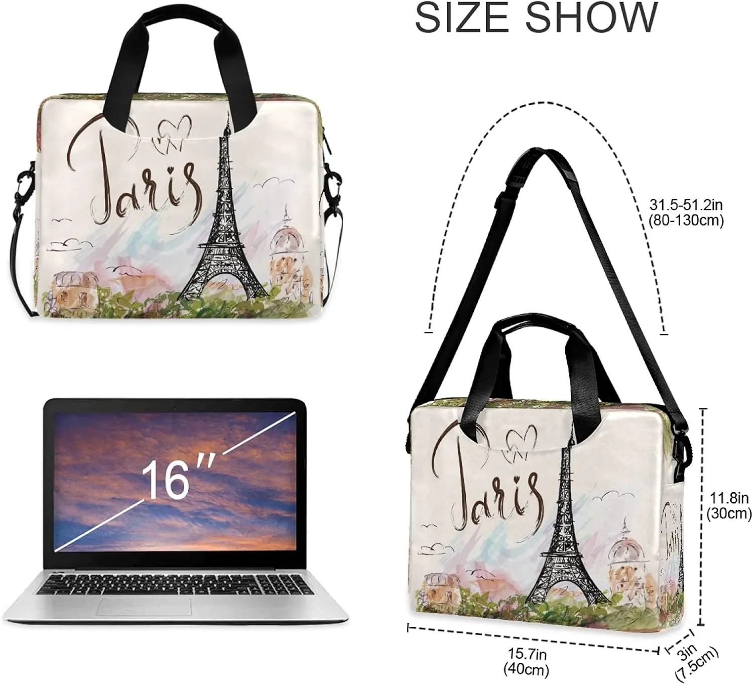 Eiffel Tower Paris Laptop Messenger Bag Case Sleeve Crossbody Briefcase for Men Women with Shoulder Strap Handle 13 14 15.6 inch