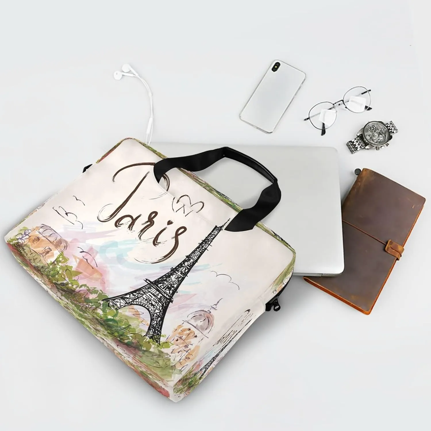 Eiffel Tower Paris Laptop Messenger Bag Case Sleeve Crossbody Briefcase for Men Women with Shoulder Strap Handle 13 14 15.6 inch