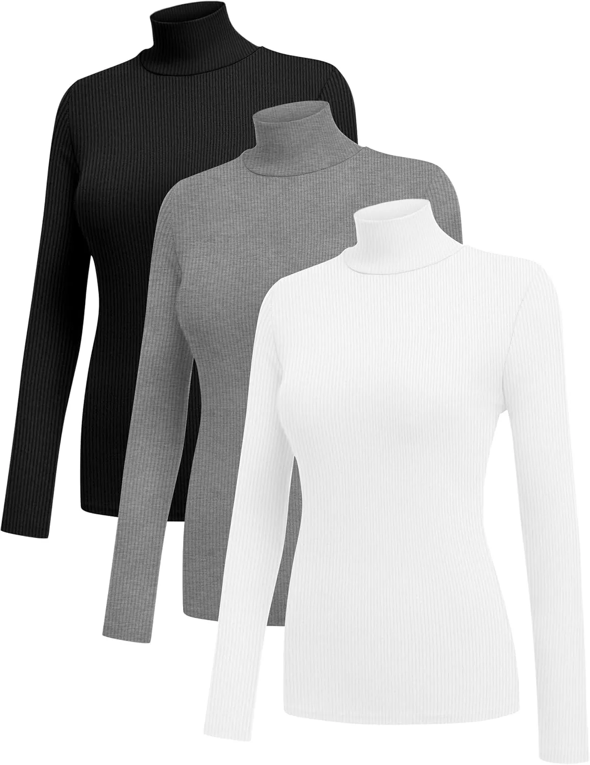 Ekouaer Women 3 Pack Turtleneck Shirts Ribbed Thermal Underwear Tops Lightweight Long Sleeve Layer Tees Basic Pullover Blouse