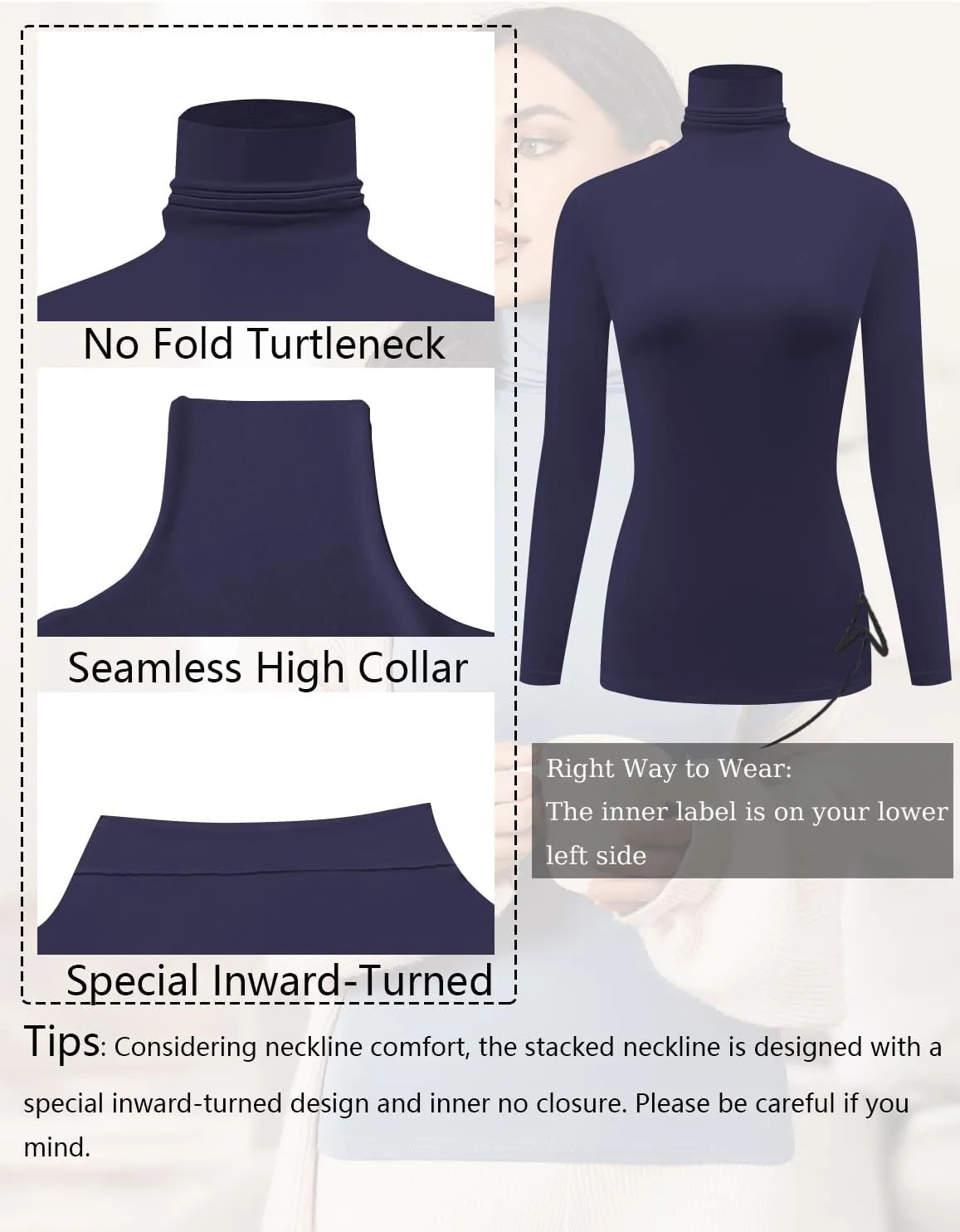 Ekouaer Women's 3 Pack Turtleneck Long Sleeve Shirts Slim Fit Thermal Underwear Tops Lightweight Pullover Tees