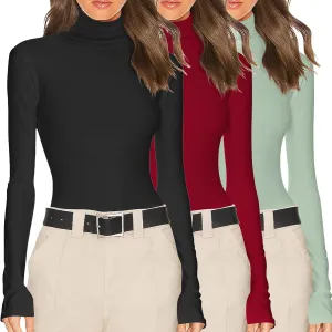 Ekouaer Women's 3 Pack Turtleneck Long Sleeve Shirts Slim Fit Thermal Underwear Tops Lightweight Pullover Tees