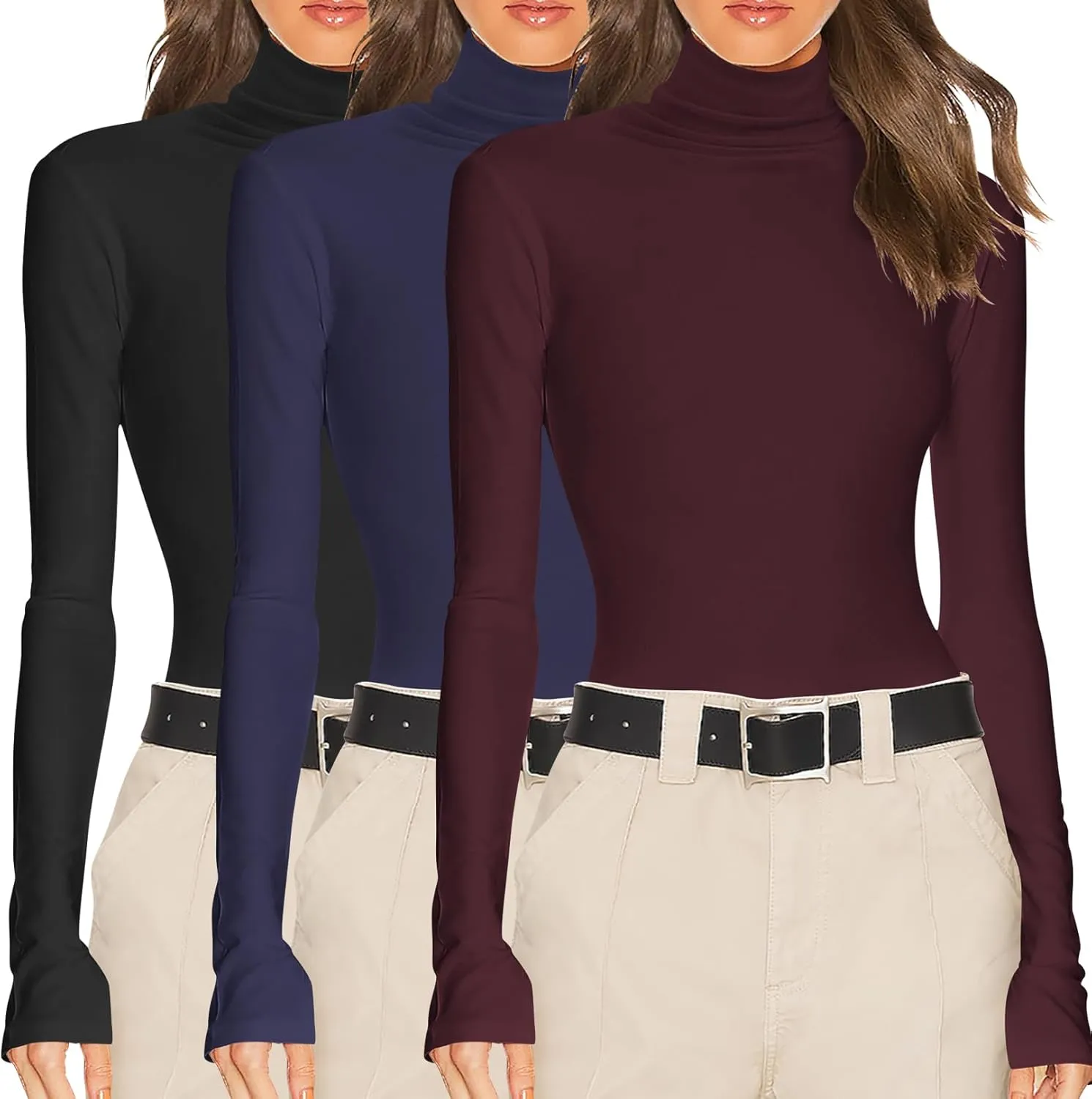 Ekouaer Women's 3 Pack Turtleneck Long Sleeve Shirts Slim Fit Thermal Underwear Tops Lightweight Pullover Tees