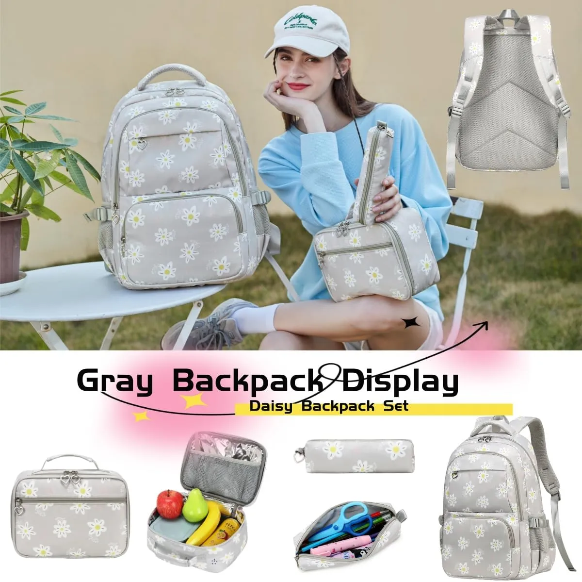 EKUIZAI Daisy Backpack for Girls,School Bags for Middle School Students Elementary Bookbags for Teen Girls with Daisies