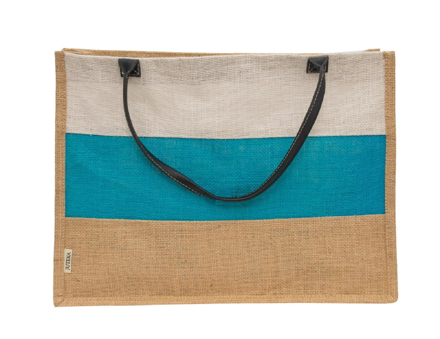 Elegant Tri-Tone Jute Tote Bag with Leather Handles