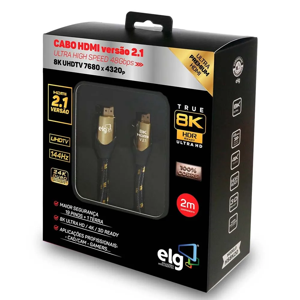 ELG 8K Certified HDMI Cable 2.1 48Gbps 6.6FT/2M,Ultra High Speed 8K@60Hz,4K@120Hz,144Hz,24K Gold,eARC,Ethernet,VRR,TrueHD,DTS-X,Dolby Atmos-TV,Laptop,Gaming Monitor