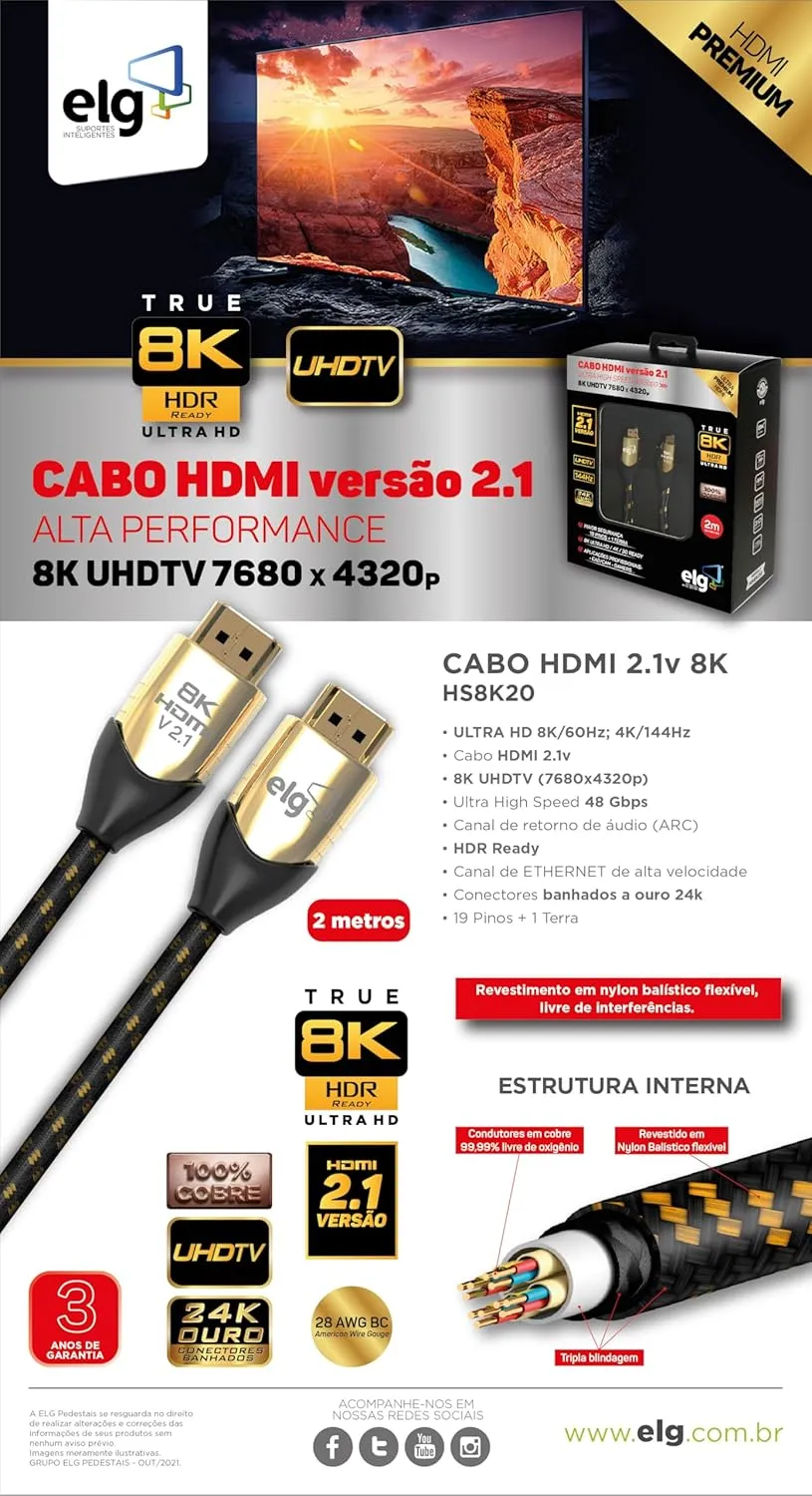 ELG 8K Certified HDMI Cable 2.1 48Gbps 6.6FT/2M,Ultra High Speed 8K@60Hz,4K@120Hz,144Hz,24K Gold,eARC,Ethernet,VRR,TrueHD,DTS-X,Dolby Atmos-TV,Laptop,Gaming Monitor