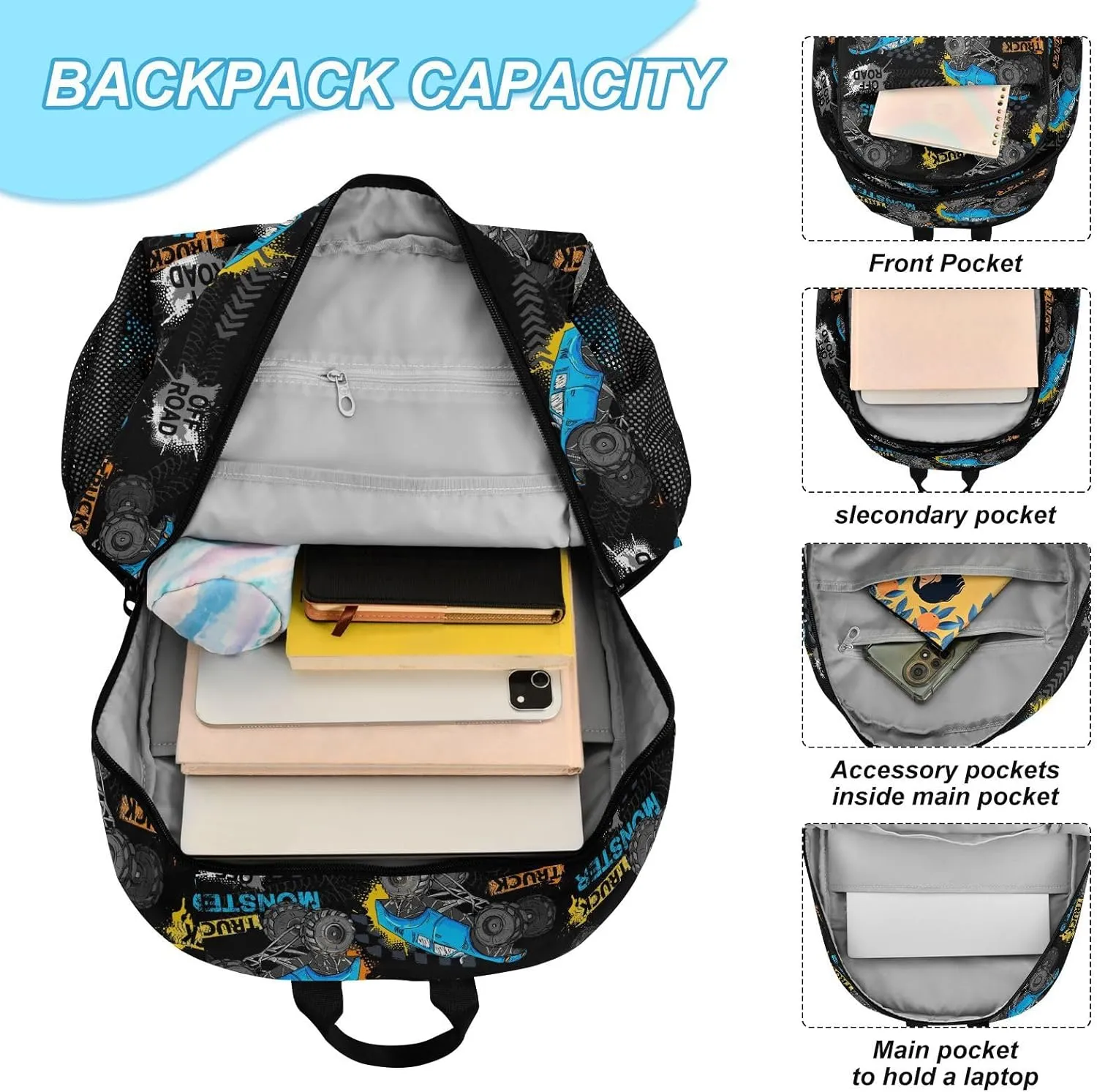 Emelivor Monster Truck Tires Kids Backpack for Girls Boys School Bookbag with Insulated Lunch Box for Preschool Primary School Backpack Set