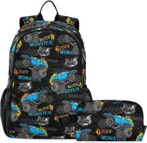 Emelivor Monster Truck Tires Kids Backpack for Girls Boys School Bookbag with Insulated Lunch Box for Preschool Primary School Backpack Set
