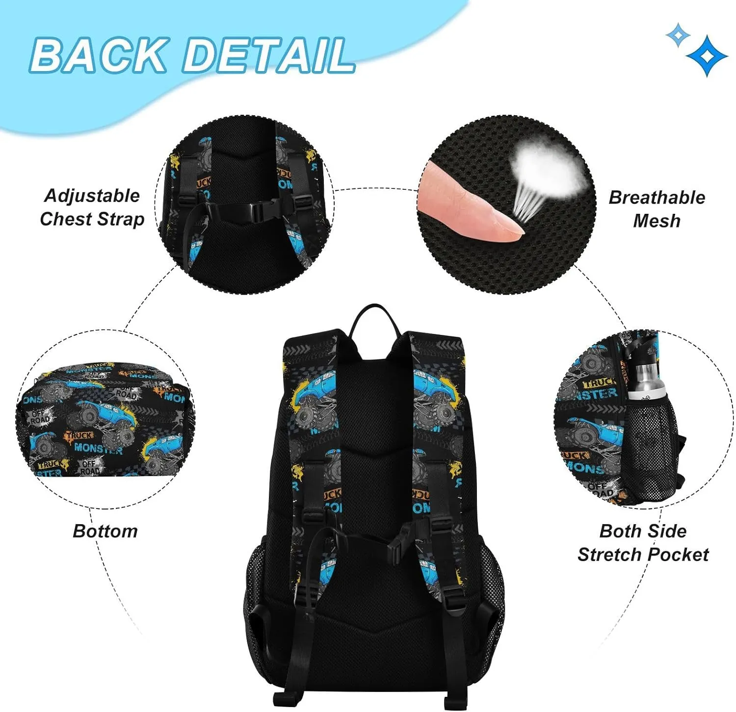 Emelivor Monster Truck Tires Kids Backpack for Girls Boys School Bookbag with Insulated Lunch Box for Preschool Primary School Backpack Set