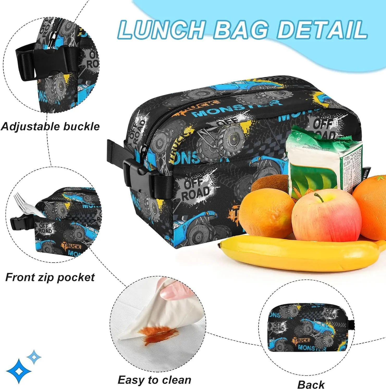 Emelivor Monster Truck Tires Kids Backpack for Girls Boys School Bookbag with Insulated Lunch Box for Preschool Primary School Backpack Set
