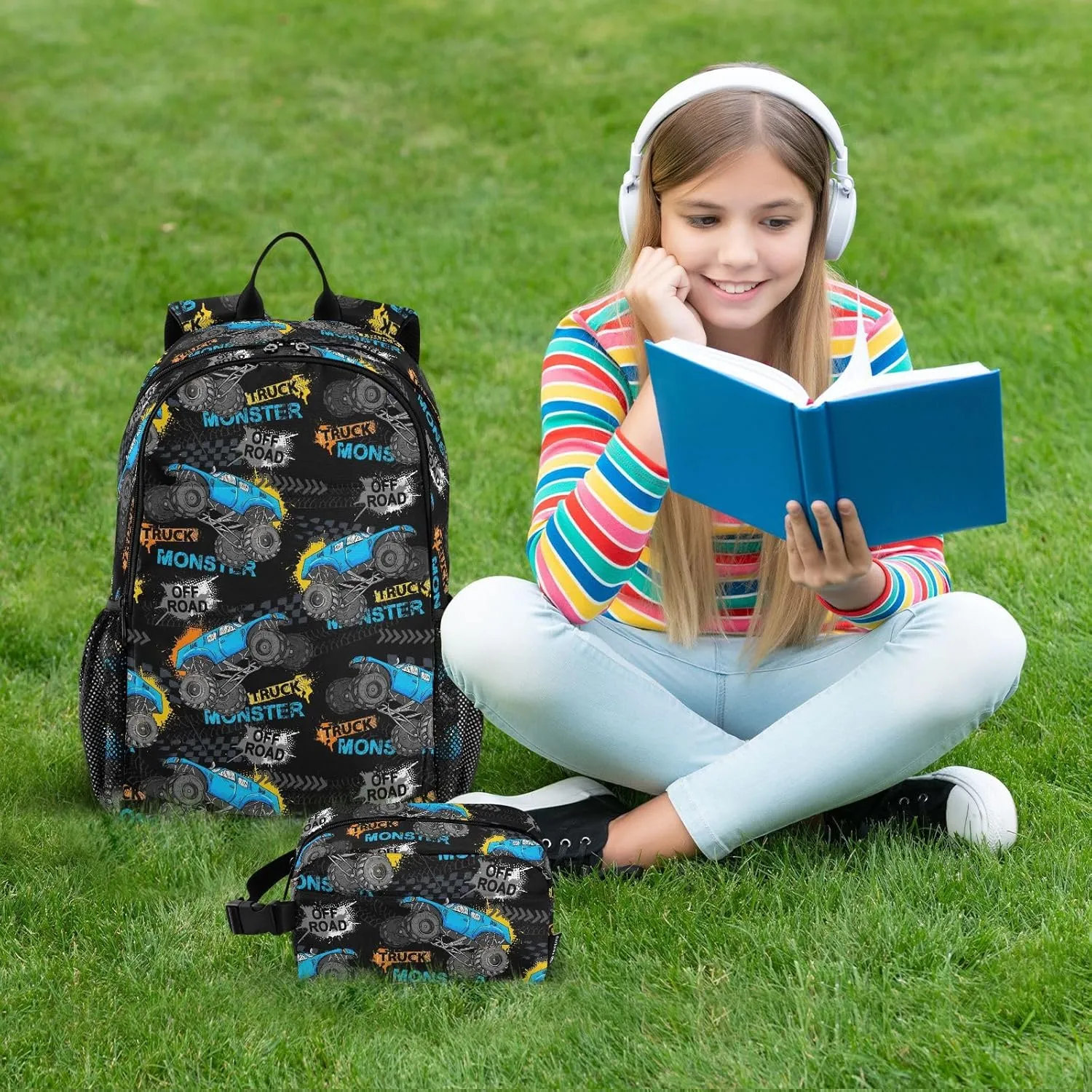 Emelivor Monster Truck Tires Kids Backpack for Girls Boys School Bookbag with Insulated Lunch Box for Preschool Primary School Backpack Set