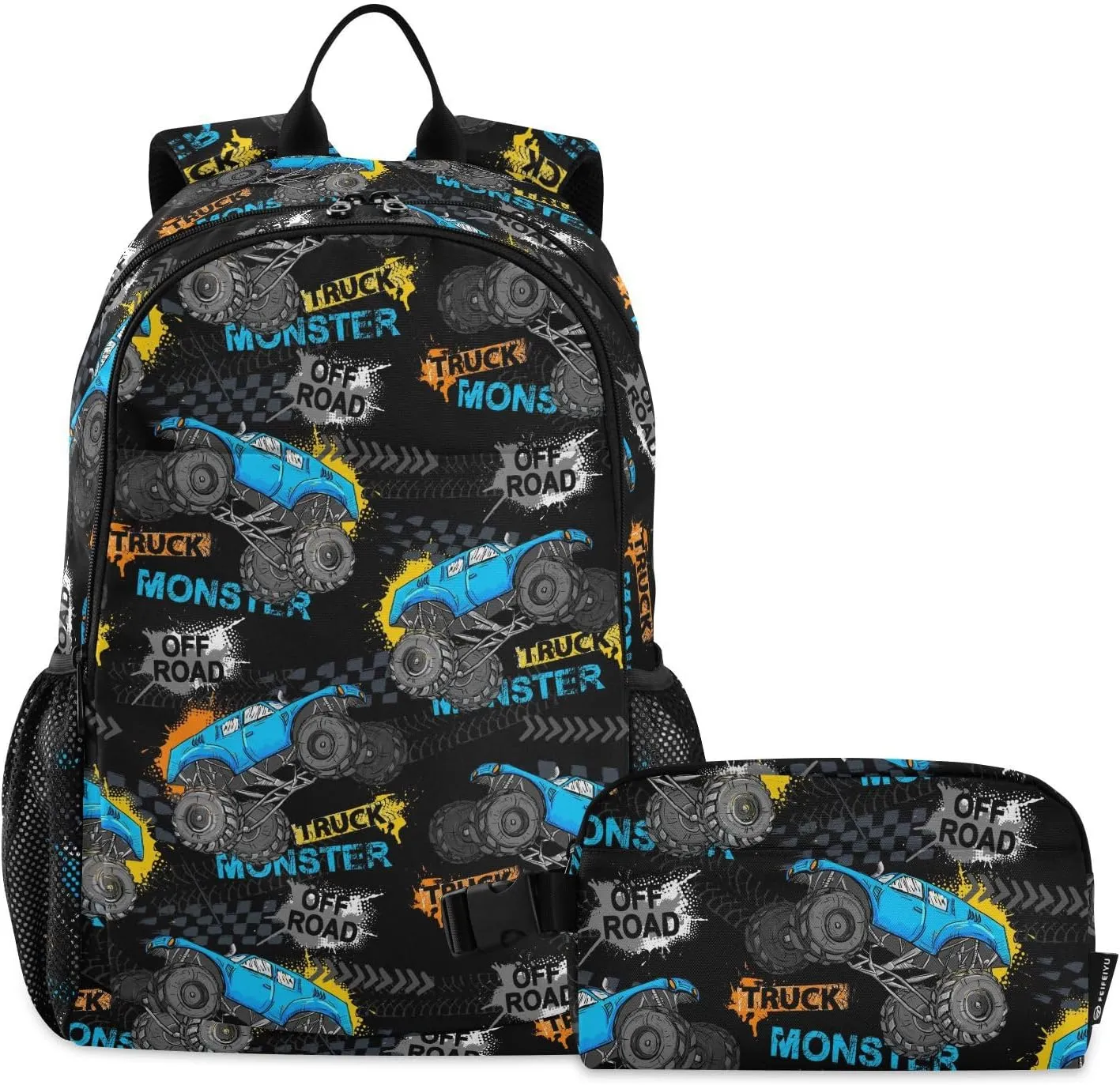 Emelivor Monster Truck Tires Kids Backpack for Girls Boys School Bookbag with Insulated Lunch Box for Preschool Primary School Backpack Set