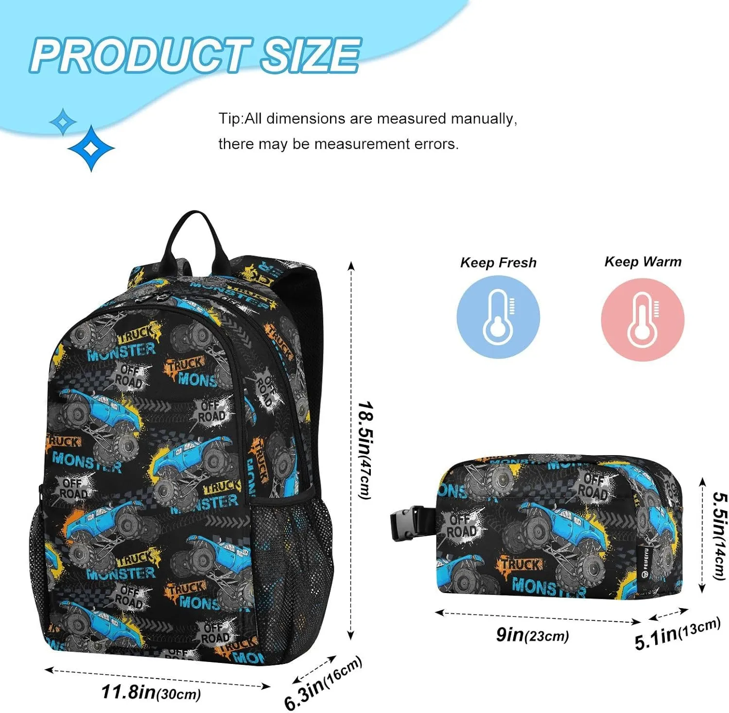 Emelivor Monster Truck Tires Kids Backpack for Girls Boys School Bookbag with Insulated Lunch Box for Preschool Primary School Backpack Set